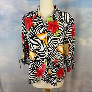 Christina Hope Black and White Zebra Print Top with Red and Orange Accents